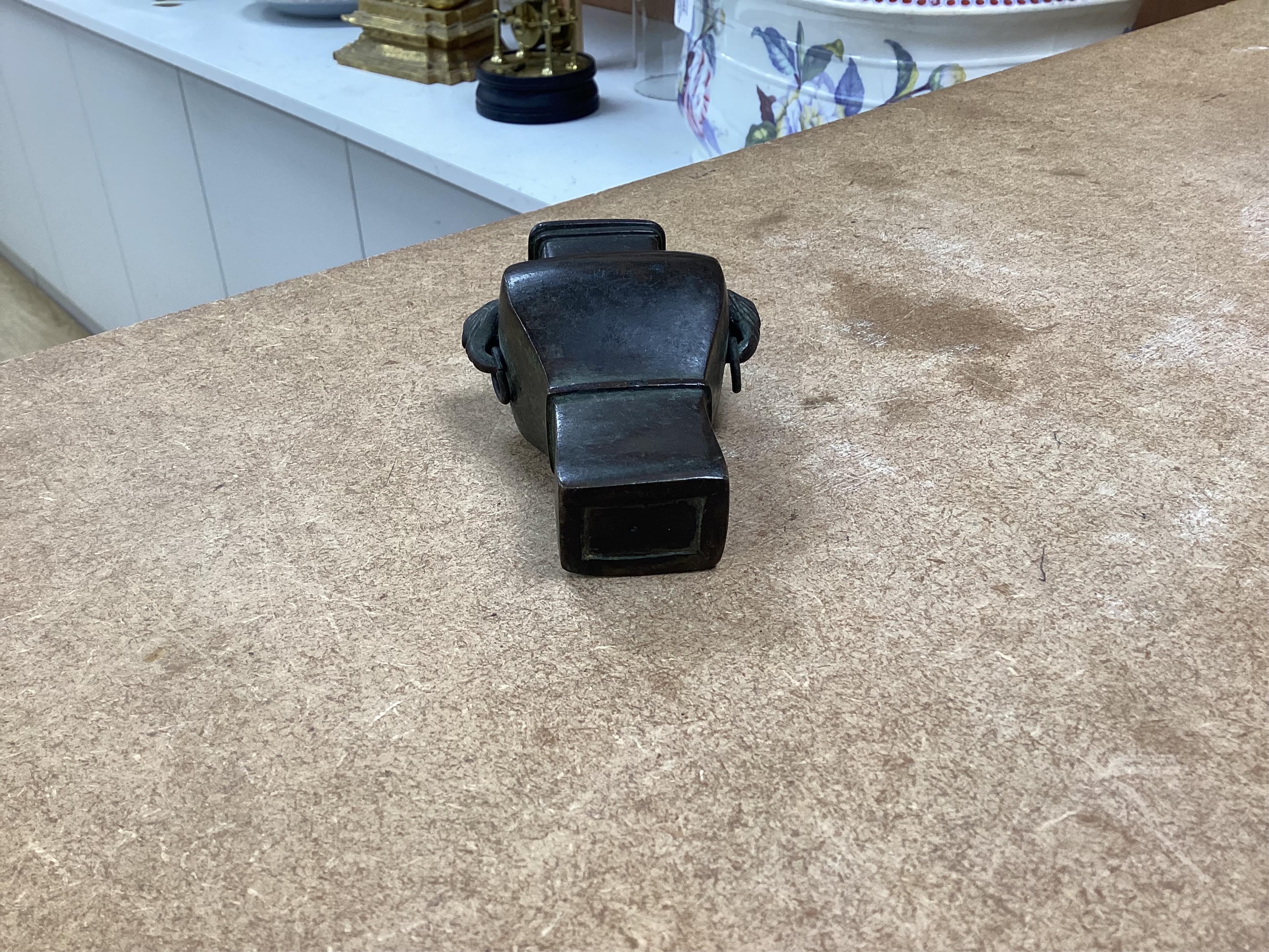 A Chinese bronze small vase, 19th century, rose quartz-14cm and Kyanite specimens, a soapstone seal and a glass snuff bottle